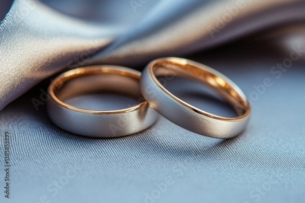 Fototapeta Elegant wedding bands on a soft silk fabric creating a romantic and timeless symbol of love and commitment capturing the essence of a special day with a close up view