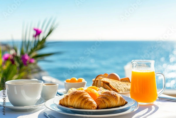 Obraz Delicious breakfast with croissants, coffee and orange juice overlooking the sea