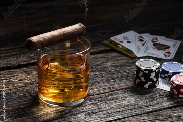 Obraz Bourbon in a glass on old wood table