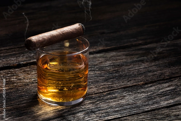 Obraz Bourbon in a glass on old wood table