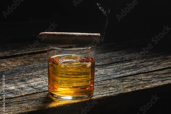 Obraz Bourbon in a glass on old wood table