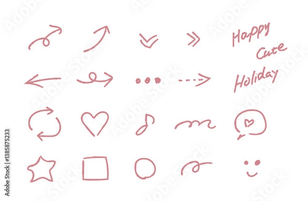 Obraz サインペン風手書きの矢印とマークのワンポイントピンクセット