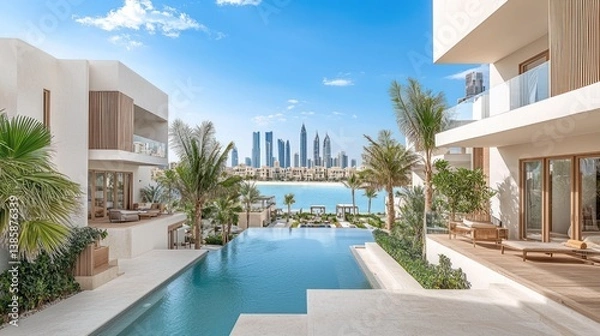 Fototapeta Modern waterfront villas with infinity pool