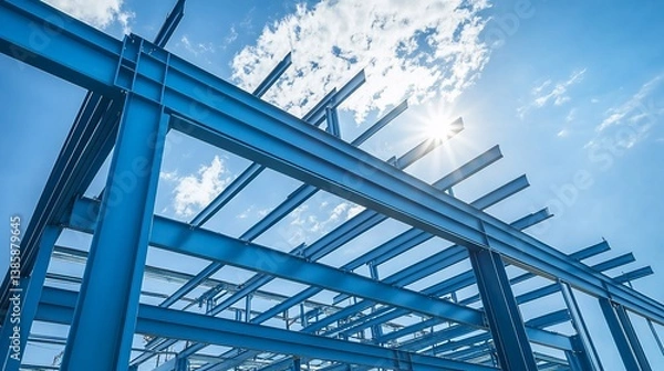 Fototapeta Blue steel frame construction, sunny sky, building project