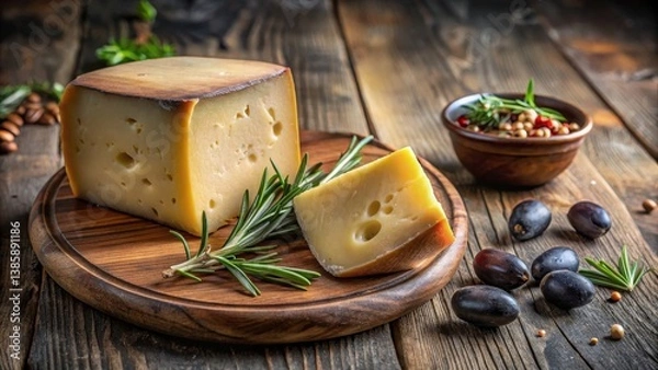 Obraz Mahon Cheese with Fresh Baguette and Olives, a wedge of Mahon cheese served with slices of fresh baguette, olives, and sprigs of rosemary on a wooden platter with natural lighting