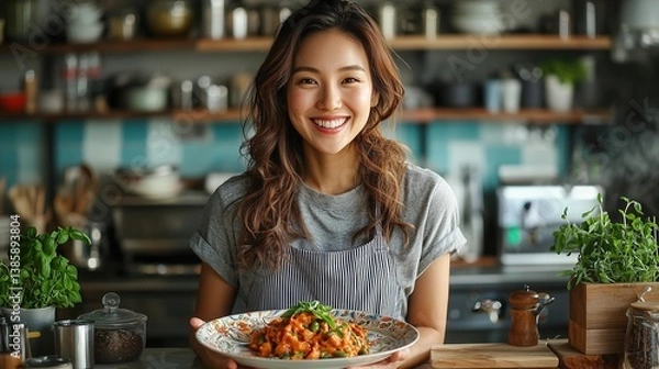 Fototapeta A smiling woman holds a colorful plate of food in a cozy kitchen, surrounded by plants and kitchenware, radiating joy and culinary passion.