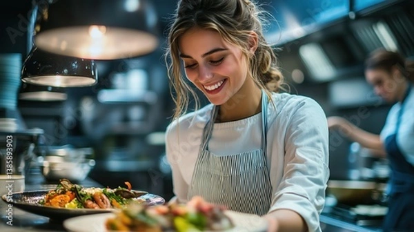 Fototapeta A cheerful woman in a kitchen prepares to serve a beautifully plated dish, showcasing culinary skills and passion for cooking.