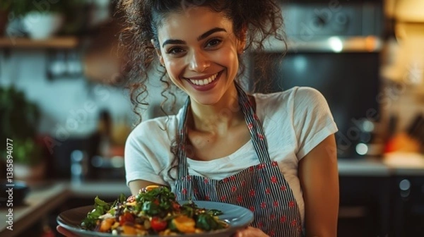Fototapeta A smiling woman holds a colorful plate of food, showcasing her cooking skills in a cozy kitchen setting.