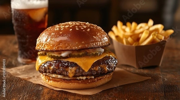 Fototapeta A juicy cheeseburger topped with pickles and onions, served with crispy fries and a glass of soda, all presented on a rustic wooden table.