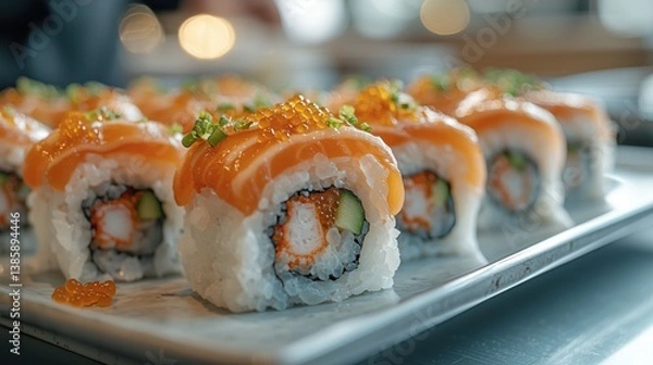 Fototapeta A close-up view of delicious sushi rolls topped with salmon and garnished with green onions, served on a platter, highlighting vibrant colors and textures.