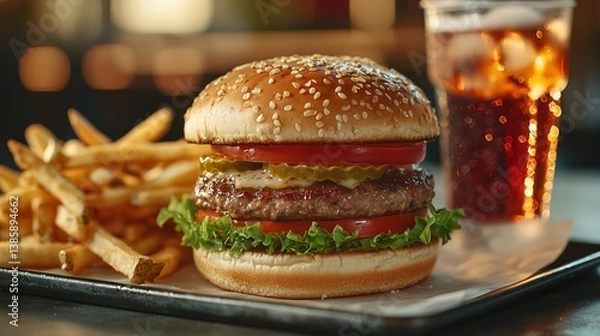 Fototapeta A delicious burger with lettuce, tomato, pickles, and a side of crispy fries, paired with a refreshing cola in a casual dining setting.