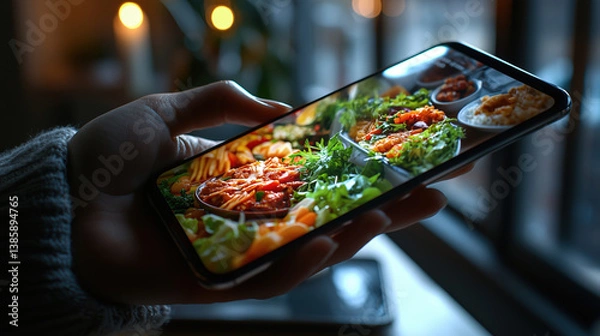 Fototapeta A hand holds a smartphone displaying vibrant images of various delicious dishes, showcasing colorful food in a cozy setting.