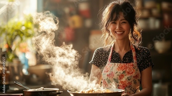 Fototapeta A smiling woman in a floral apron stirs a pot, surrounded by a cozy kitchen with steam rising, evoking warmth and joy in cooking.