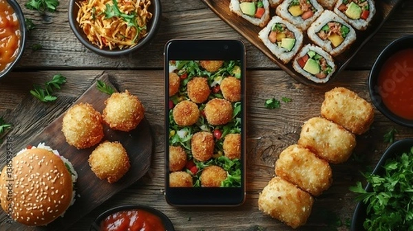 Fototapeta A vibrant flat lay of various delicious foods including sushi, fried snacks, and a burger, showcased alongside a smartphone displaying a close-up of the meal.