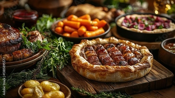 Fototapeta A vibrant spread of delicious dishes, featuring roasted meats, colorful vegetables, and a savory pastry, creating an inviting and hearty dining scene.