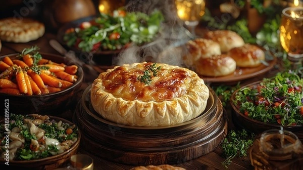 Fototapeta A beautifully arranged table featuring a steaming pie surrounded by colorful side dishes, garnished herbs, and drinks, creating a warm and inviting atmosphere.