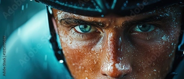 Fototapeta Intense close-up of a cyclist's face, showcasing determination and focus, with rain droplets on skin and helmet, reflecting a challenging ride.