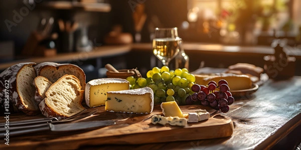 Fototapeta Cheese bread grapes and wine on rustic table