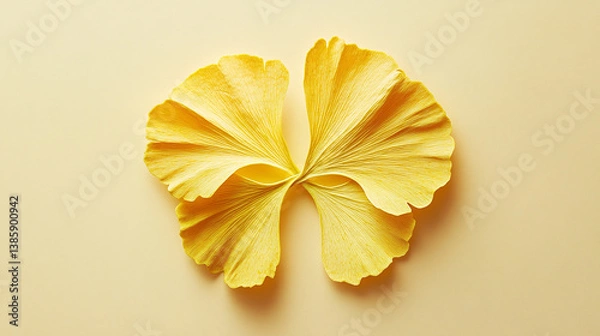 Fototapeta Fallen ginkgo leaf placed neatly in center of pale s