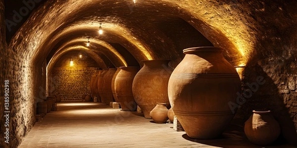 Fototapeta Ancient wine cellar with large clay amphorae