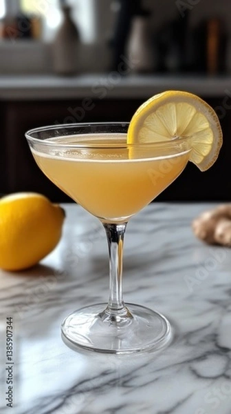 Fototapeta Elegant cocktail drink with lemon slice on marble table refreshing beverage in bright light