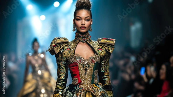 Obraz A high fashion show featuring beautiful, stylish young female models walking the runway. The concept of haute couture, elegance, and modern fashion trends. Generative AI.