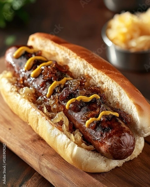 Fototapeta Appetizing gourmet hot dog with grilled sausage caramelized onions and mustard on wooden board