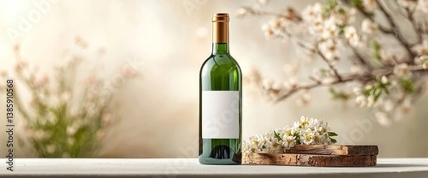 Obraz Wine bottle on a white surface with spring flowers