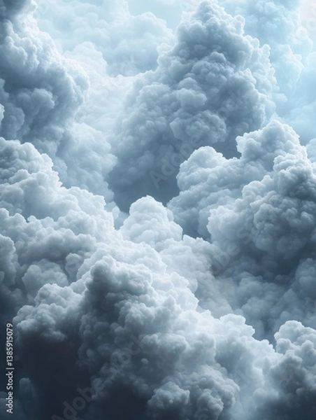 Fototapeta Ethereal cloudscape with dramatic lighting showcasing fluffy cumulus formations against a serene blue sky creating a peaceful and majestic atmosphere