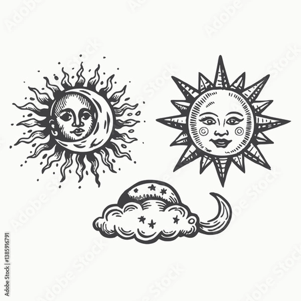 Obraz Sun and moon mystical elements in boho style, cloud, sun and crescent moon with face. Vector Hand Drawn Illustration Isolated On Transparent Background