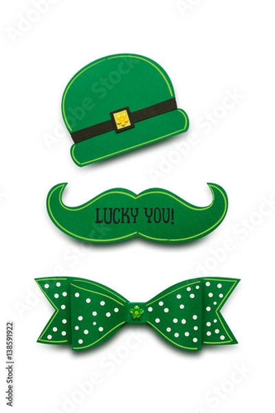 Obraz Happy St. Patricks Day / Creative St. Patricks Day concept photo of a moustache, bow and hat made of paper on white background.