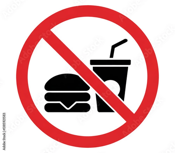 Fototapeta No Eating or Drinking Allowed Sign - Red Prohibition Symbol with Food and Drink PNG no background