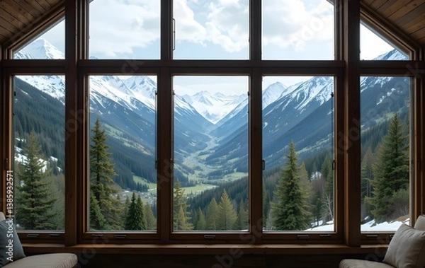 Fototapeta View from inside a cozy cabin with large windows overlooking snow-capped mountains or a lush green valley, window view of hills covered in snow and tall trees