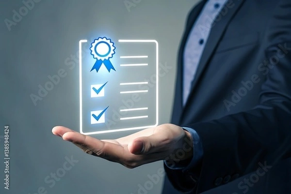 Fototapeta Businessman Holding Holographic Checklist with Quality Assurance and Certification Seal