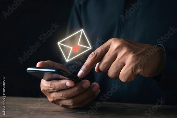 Fototapeta Person using smartphone to check email message with heart notification love message online communication