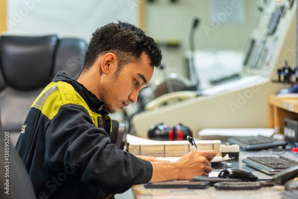 Fototapeta The marine engineer officer sits in the control room of a merchant vessel, focused on recording key operational parameters in the engine logbook, surrounded by monitors displaying system data.