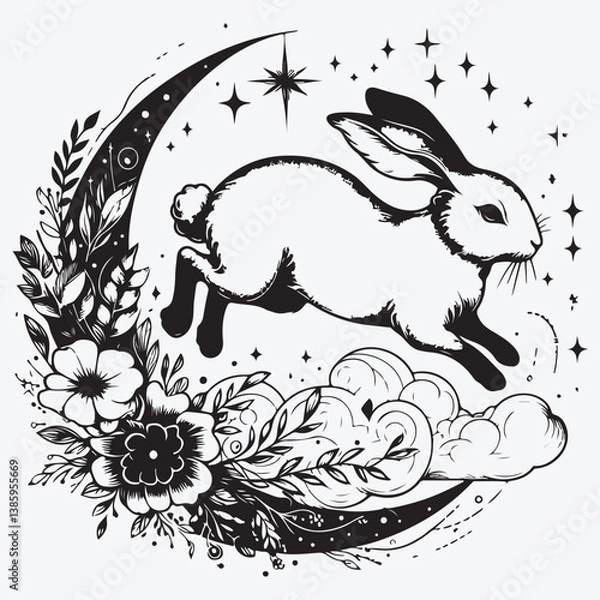 Fototapeta Celestial animal jumping rabbit. Magic bunny with natural elements. Black outline magical bunny rabbit, mystic crescent moon esoteric symbol