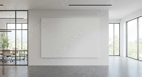 Fototapeta Minimalist office interior with blank canvas and panoramic window views