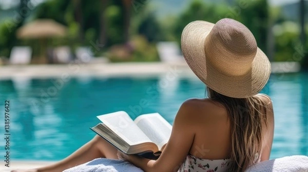 Obraz Photo of a woman relaxing with a book by the resort's swimming pool.