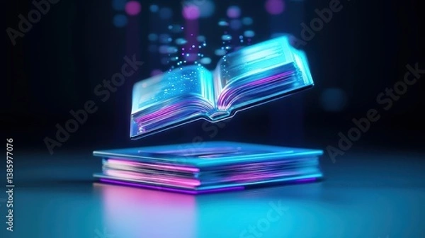 Fototapeta AIpowered education hub, floating holographic books and interactive screens, futuristic elearning