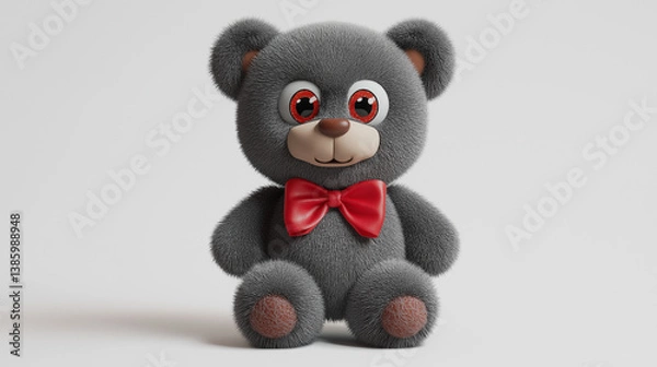 Fototapeta Charming 3D cartoon teddy bear in dark grey with plush fur and shiny red eyes. A cuddly and unique stuffed toy character.