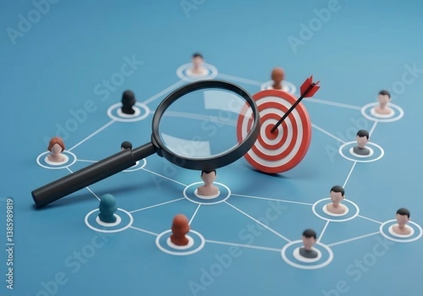 Fototapeta Target Audience Focus Concept Magnifying Glass on Target with Connected People, Business Strategy, Marketing, Customers.