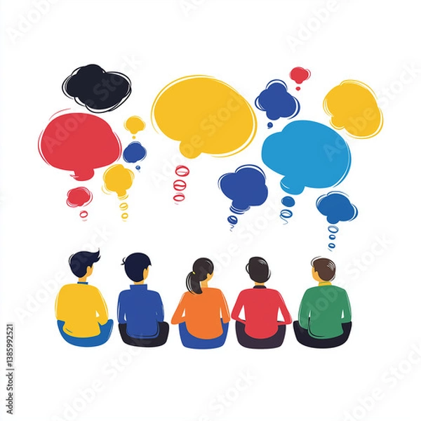 Fototapeta Illustration of young people sitting under colorful speech and thought bubbles, representing creative discussion, teamwork, and brainstorming.