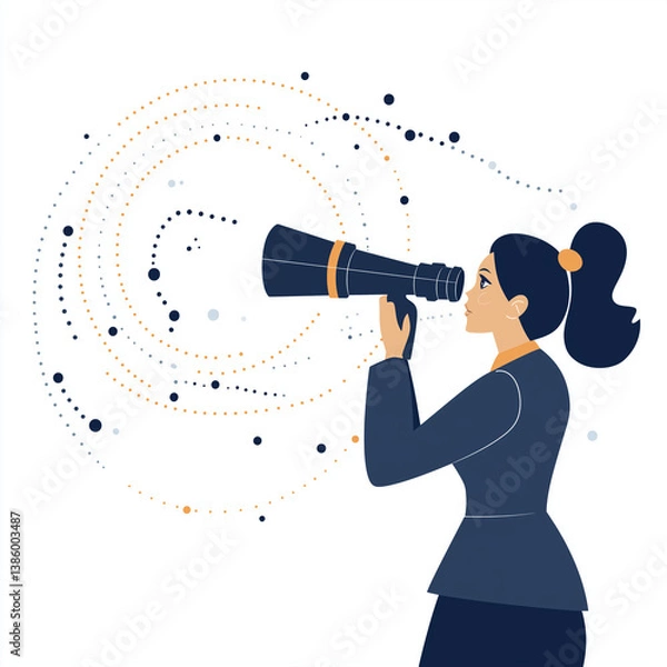 Fototapeta Stylized flat illustration of a woman looking through a telescope into a swirl of data points, representing analysis and digital vision.