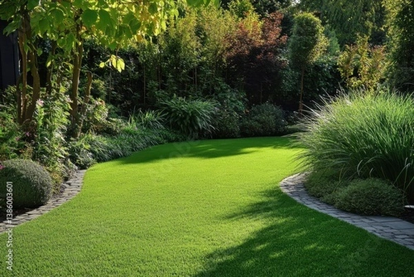 Fototapeta Serene garden landscape featuring lush green lawn bordered by stone path and vibrant foliage creating a peaceful outdoor scene perfect for relaxation