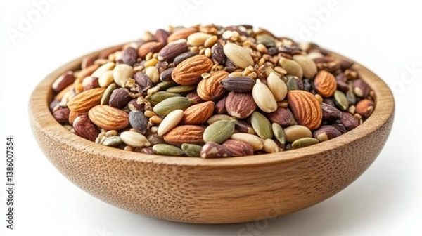 Fototapeta A close-up of a wooden bowl filled with roasted mixed nuts and seeds, placed on a white surface
