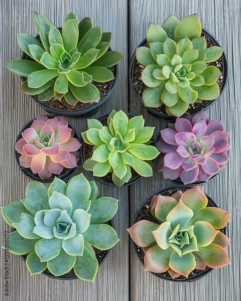 Fototapeta Top view of colorful succulent plants in pots arranged on a rustic wooden surface showcasing natural beauty and botanical diversity