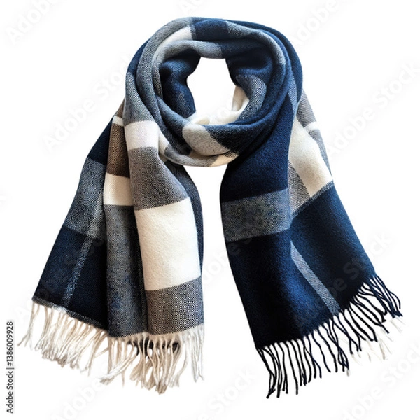 Fototapeta Woolen Scarf with Bold Plaid Pattern in Navy and White Isolated on Transparent Background