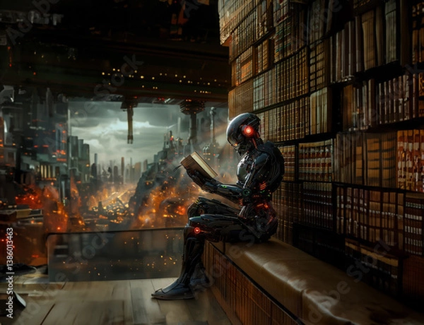 Fototapeta A cybernetic android with a futuristic look reads a book in a cozy library, surrounded by paper pages and a rainy city in the background. The illustration combines sci-fi, nostalgia and reflection on 