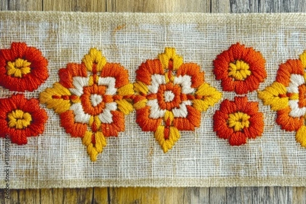 Fototapeta Traditional embroidery pattern on rustic fabric - textile art for craft projects and home decor